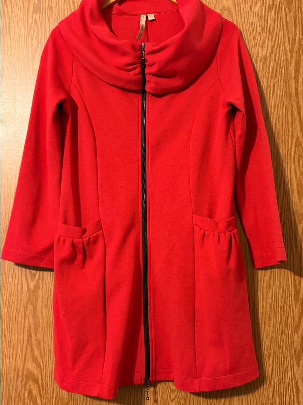 Comfy USA Bright Red Longline Zip Jacket with Draped Funnel Collar